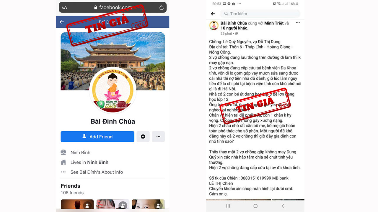 Cảnh báo: Giả mạo Fanpage Chùa Bái Đính và website ngân hàng Eximbank để lừa đảo - lap tai khoan facebook gia mao chua bai dinh keu goi tu thien 1