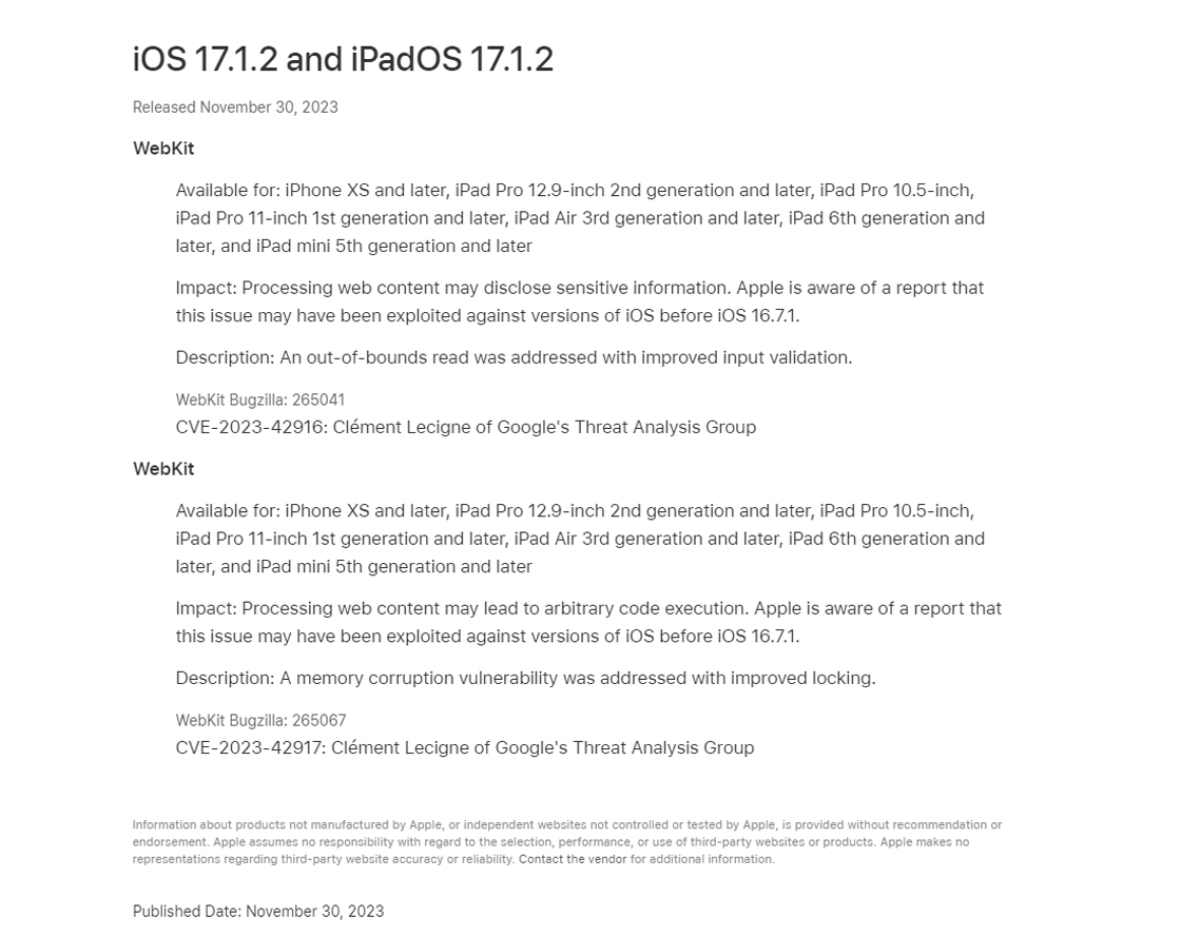 Apple phát hành iOS/iPadOS 17.1.2 để vá hai lỗ hổng nghiêm trọng - 2