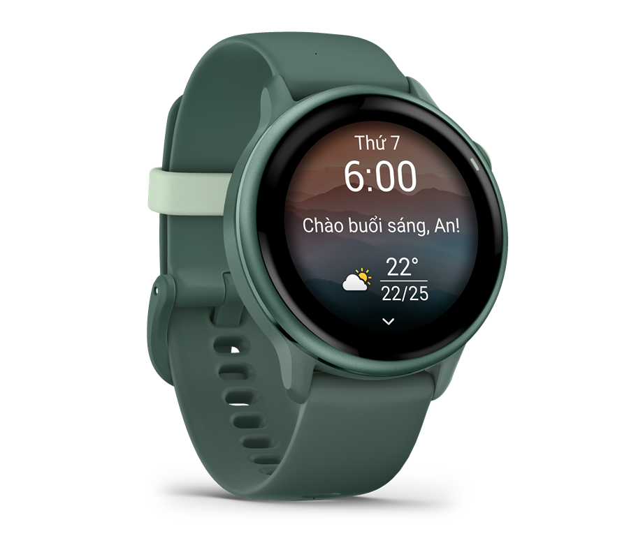 Một ngày mới bắt đầu cùng đồng hồ thông minh GPS Garmin vívoactive 6 - vivoactive6 jasper green OF front right Morning report