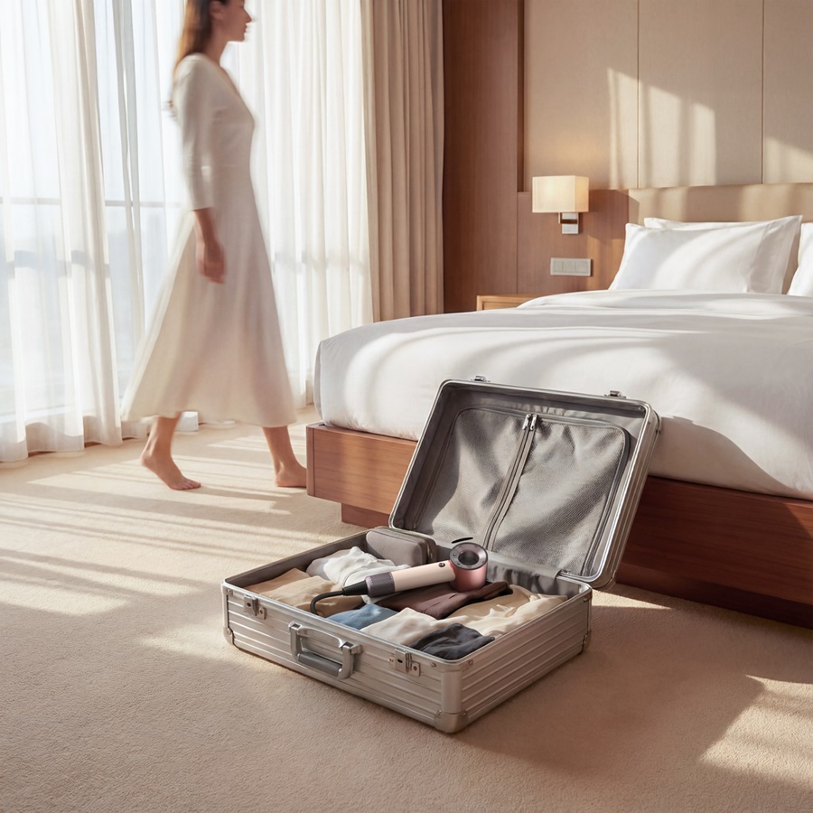 Dyson ra mắt máy sấy tóc Supersonic™ Travel: Nhỏ, nhẹ, mạnh mẽ, mang đi bất cứ đâu - HD19 PPIDRODPL 033 RGB Hotelroom Suitcase Woman A2 MIX