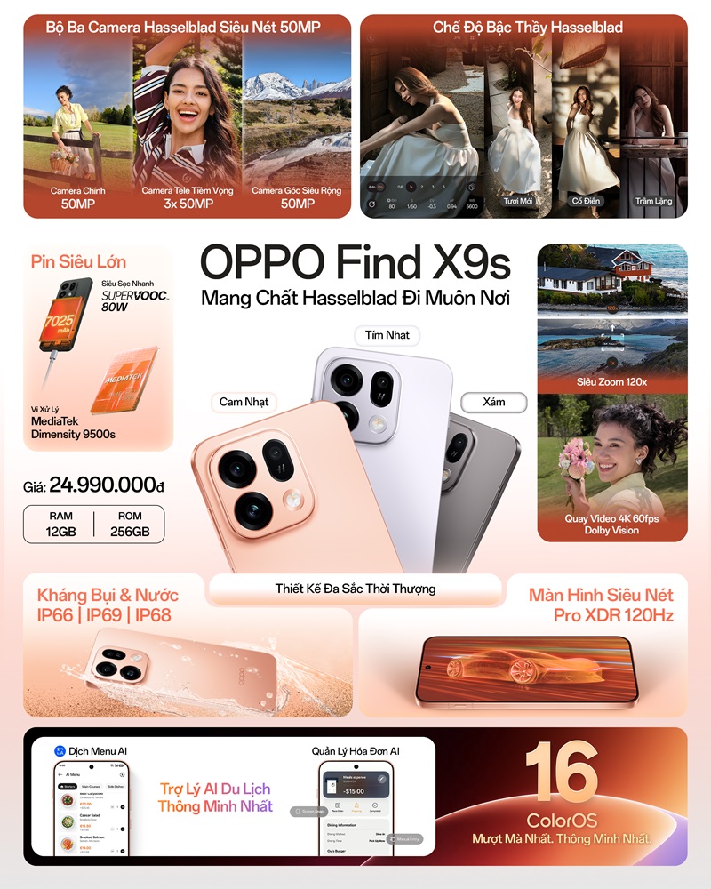 OPPO ra mắt bộ đôi Find X9 Ultra và Find X9s sở hữu camera cực phẩm, cho người thích di chuyển, lưu cảnh sắc - Thong tin san pham Find X9s