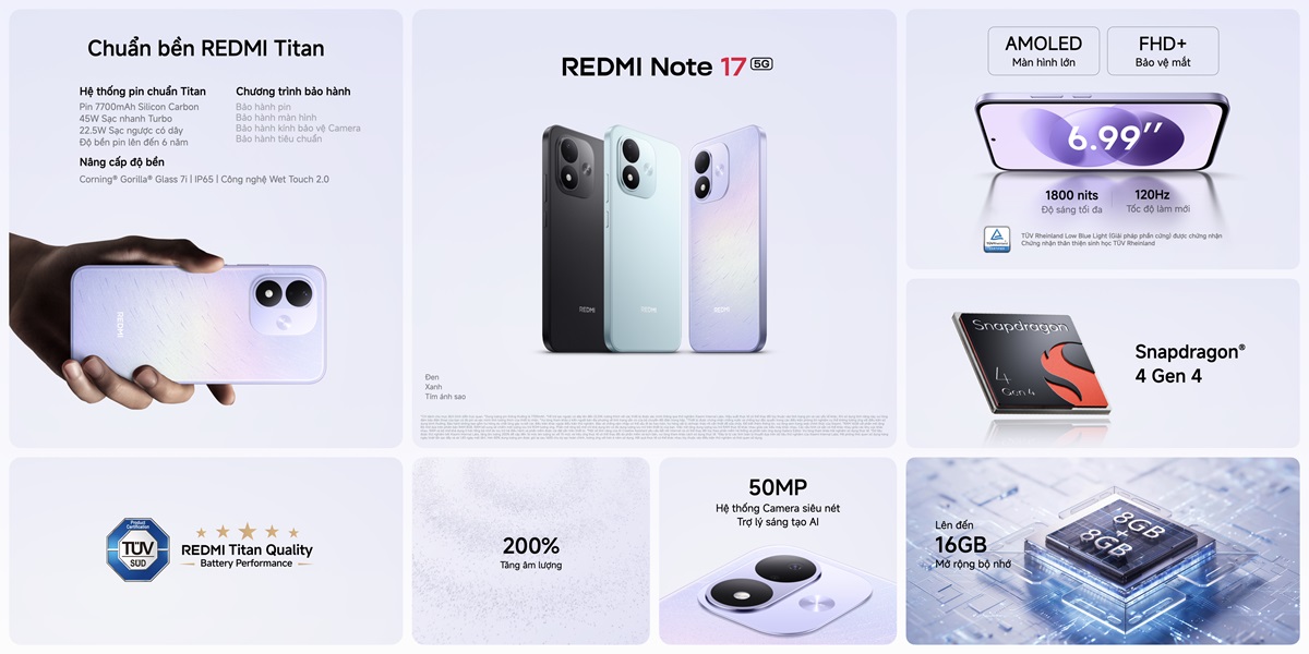 REDMI Note 17 Series ấn tượng với pin đến 10.000mAh dư dùng 3 ngày, thách mọi rơi rớt, va đập 14 REDMI Note 17 Series ấn tượng với pin đến 10.000mAh dư dùng 3 ngày, thách mọi rơi rớt, va đập - REDMI Note 17 5G KSP.001
