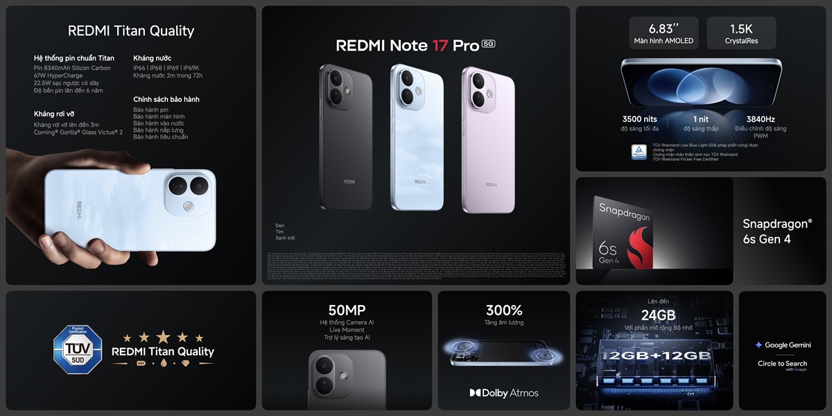 REDMI Note 17 Series ấn tượng với pin đến 10.000mAh dư dùng 3 ngày, thách mọi rơi rớt, va đập 15 REDMI Note 17 Series ấn tượng với pin đến 10.000mAh dư dùng 3 ngày, thách mọi rơi rớt, va đập - REDMI Note 17 Pro 5G KSP.001