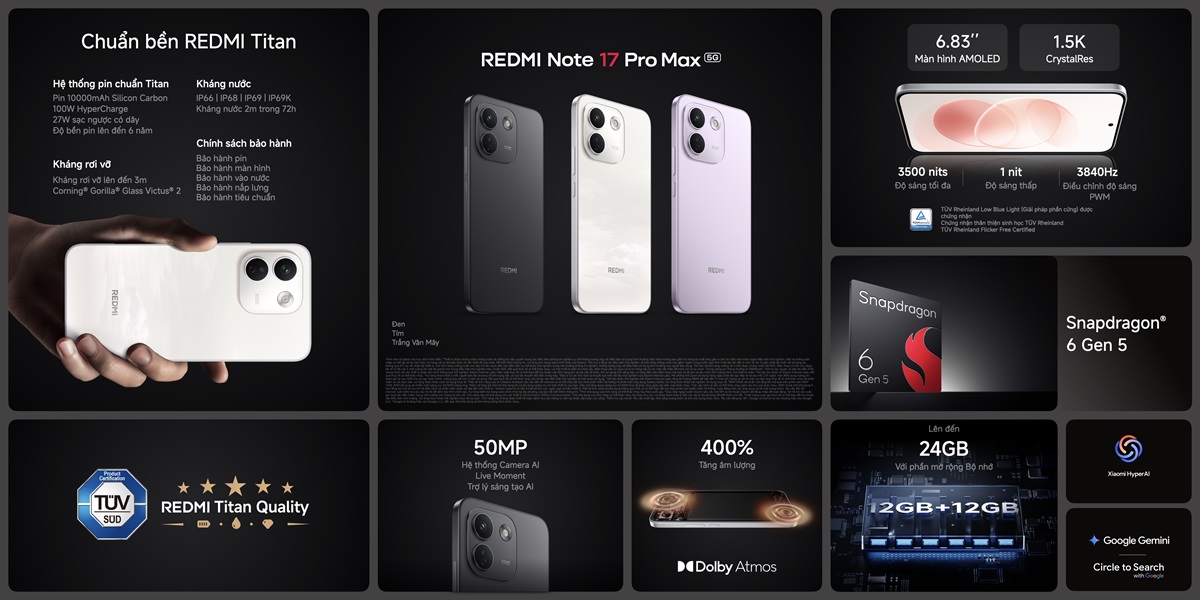REDMI Note 17 Series ấn tượng với pin đến 10.000mAh dư dùng 3 ngày, thách mọi rơi rớt, va đập 16 REDMI Note 17 Series ấn tượng với pin đến 10.000mAh dư dùng 3 ngày, thách mọi rơi rớt, va đập - REDMI Note 17 Pro Max 5G KSP.001