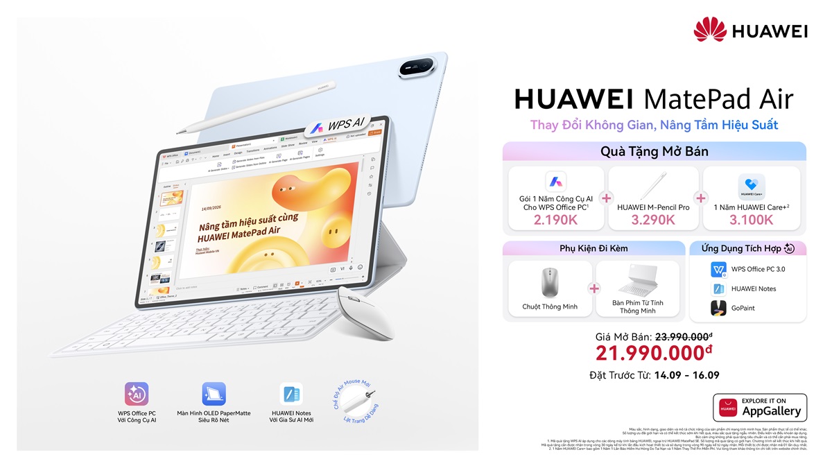 Máy tính bảng HUAWEI MatePad Air mỏng nhẹ, nhiều công cụ AI, hiệu suất PC mở bán tại Việt Nam - HUAWEI MatePad Air